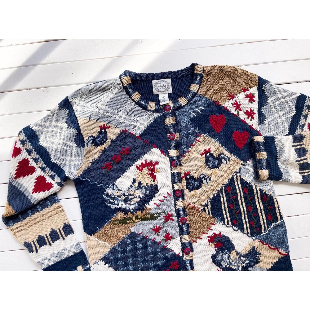 Stitches in Time vtg‎ blue chicken rooster farm embroidered cardigan sweater
